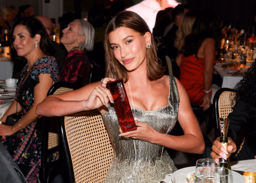 Hailey Bieber Steps Into Awards Season as a Living Silver Statuette